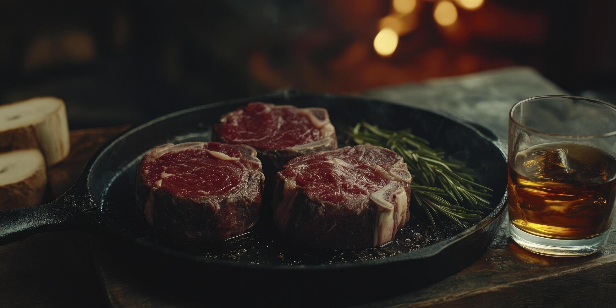 stack of round beef steaks, placed on an iron pan with rosemary and whiskey next to it photo