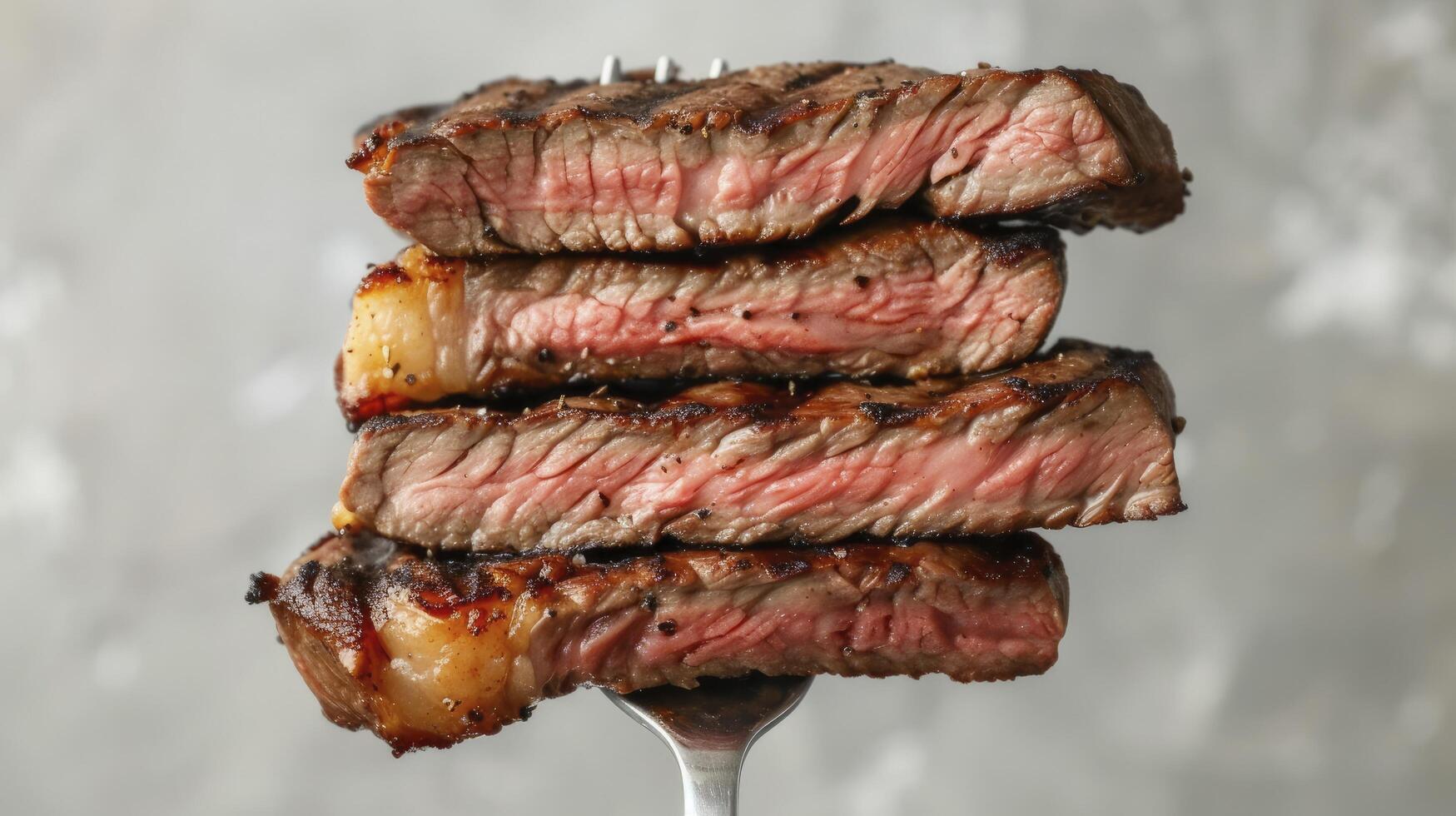Slices of Freshly Grilled Steak on a Fork, Upright Position photo