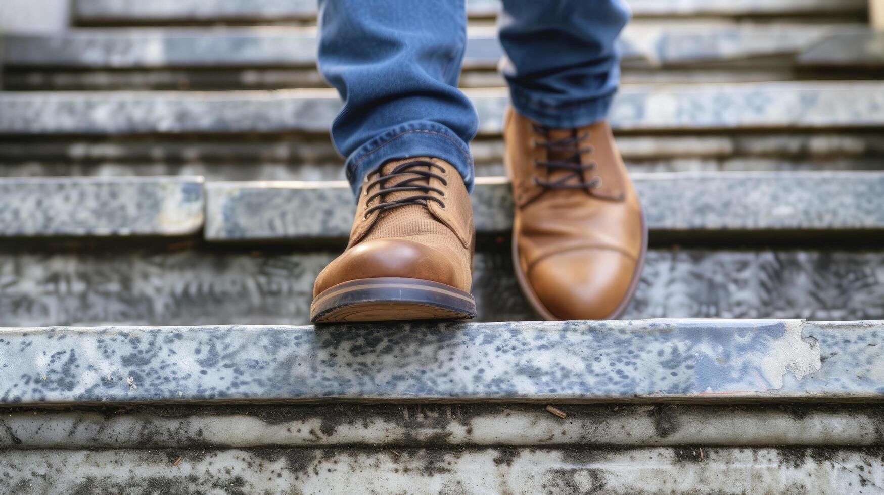 Close-Up Side View of a Business Person's Legs and Shoes Walking Up a Flight of Steps photo