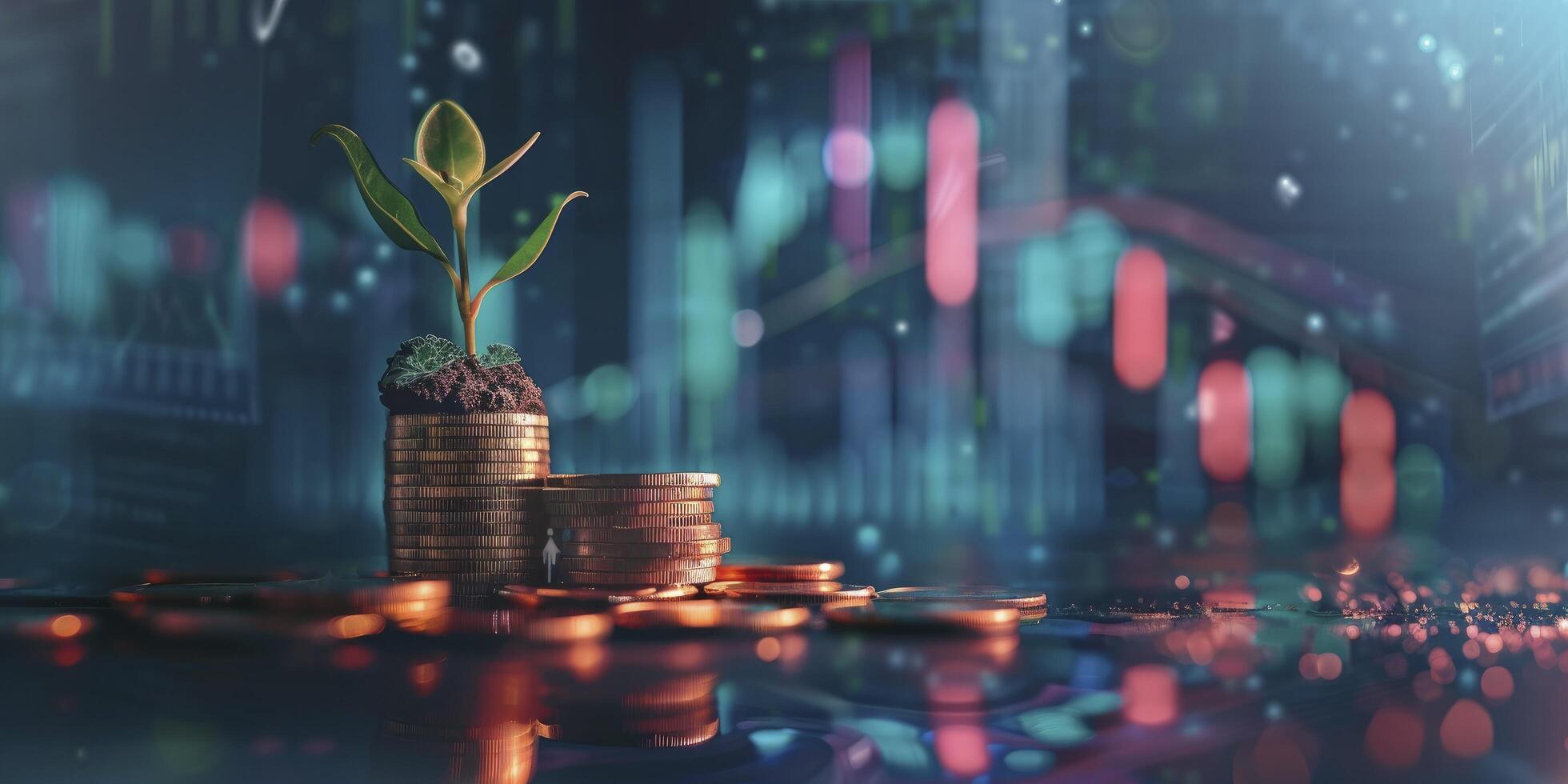 A Stack of Coins with a Small Plant Sprout Growing Out of It, Against an Upward Stock Chart Background photo