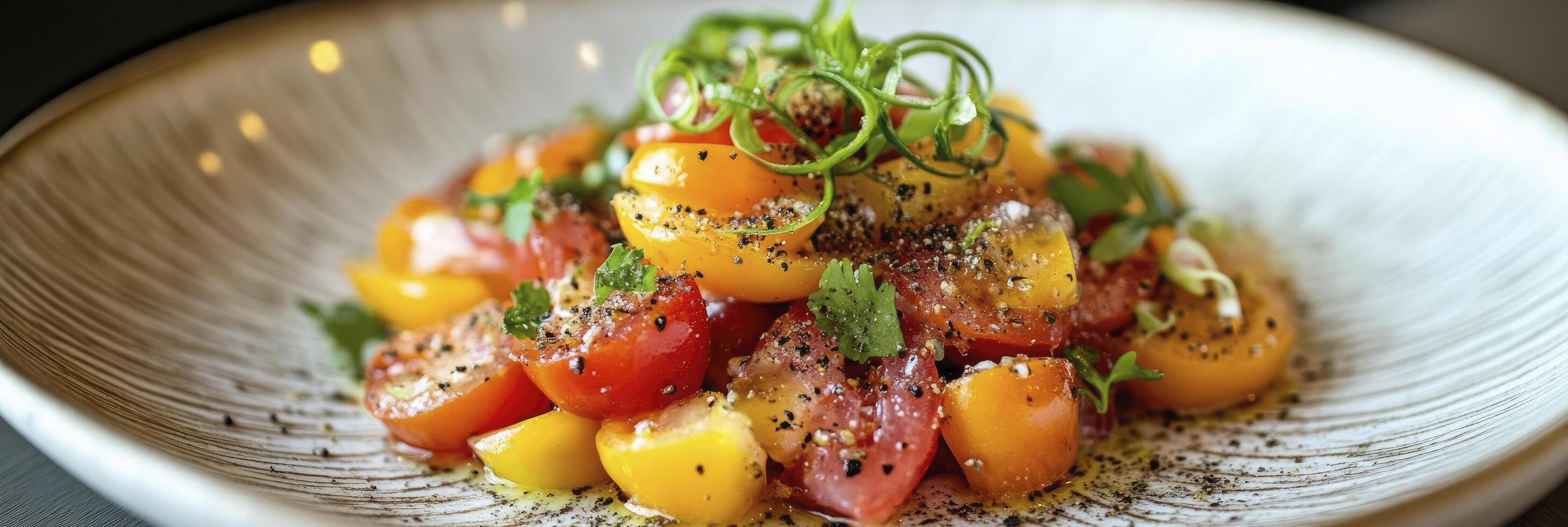 A colorful salad with red and yellow tomatoes, orange bell peppers, green onion slices, with black pepper sprinkled over it photo
