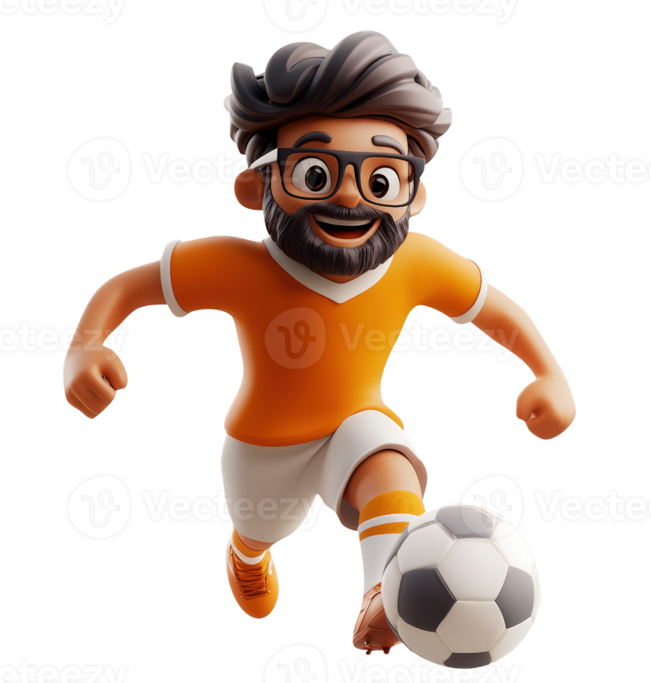 3d icon Dynamic cartoon soccer player running sport, kicking ball against transparent background png