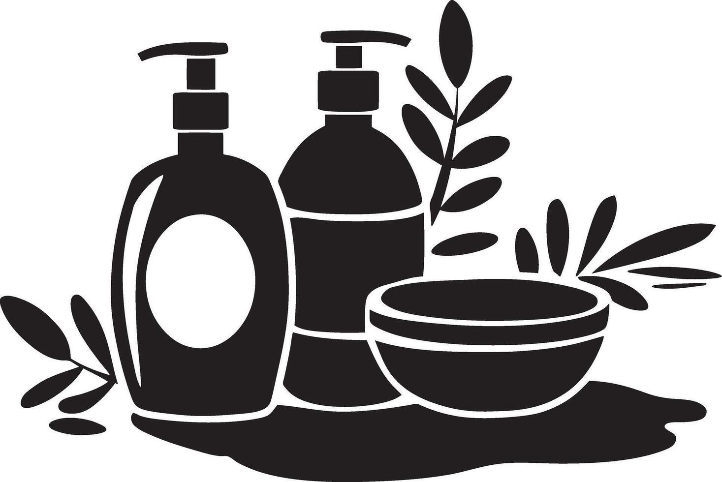 A black and white illustration of a bottle of shampoo and a soap on a soap case vector