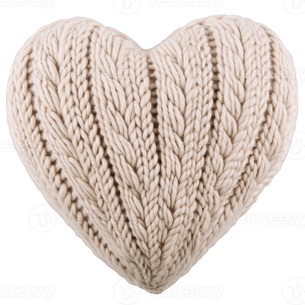 Delicate beige knitted valentine cozy heart displaying intricate braiding, handcrafted with soft yarn against cutout transparent backdrop for romantic themes png