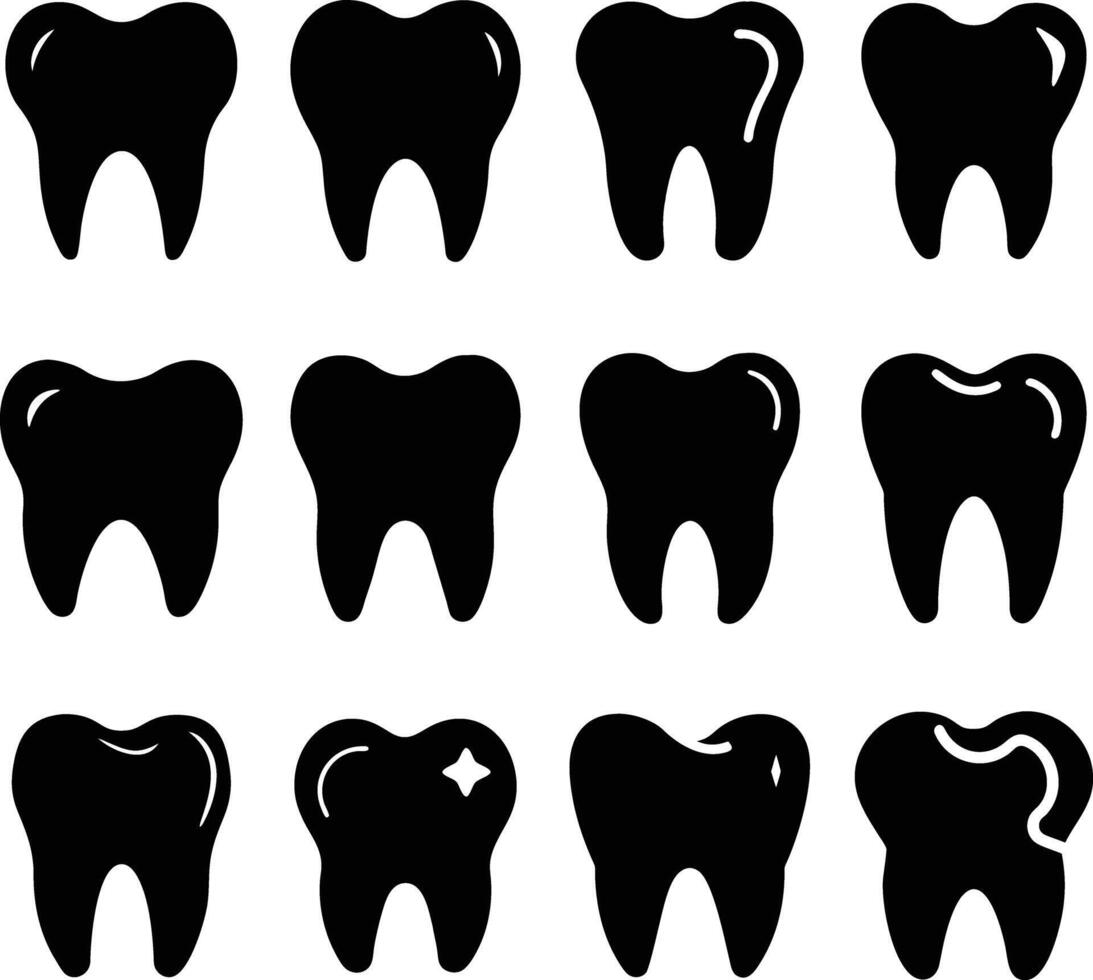 A set of nine black silhouette icons depicting different tooth conditions. vector