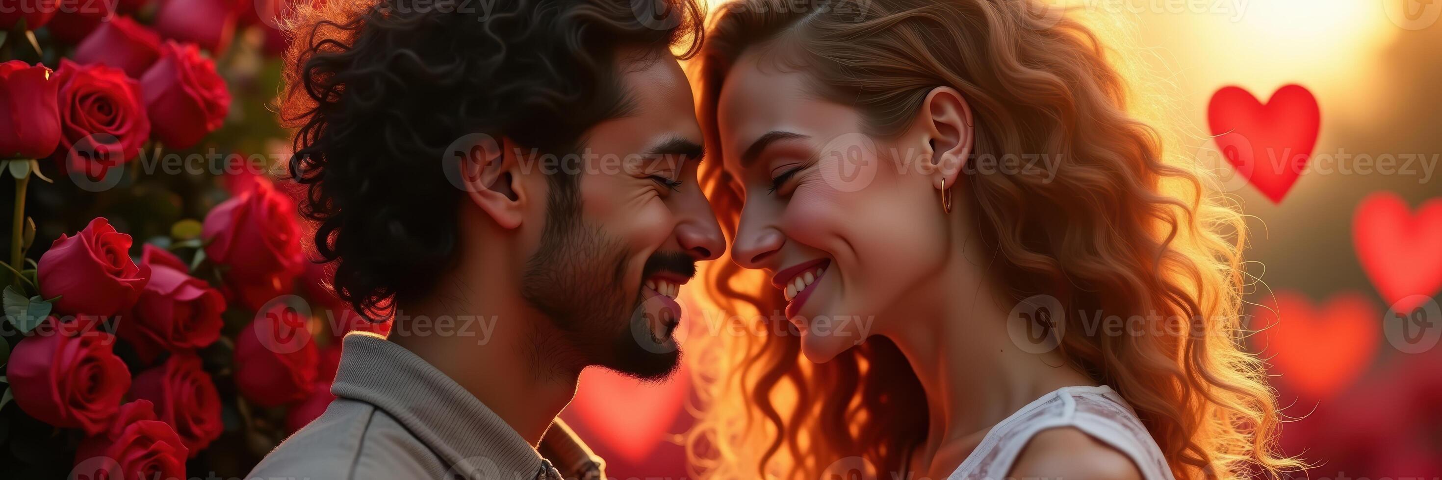 Romantic couple smiles tenderly in front of red roses and floating heart symbols photo