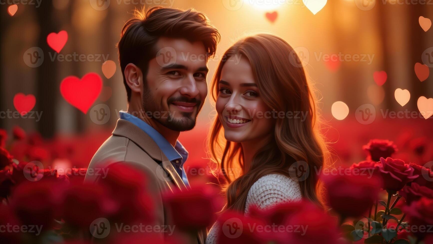 Romantic Couple Smiling in a Rose Garden with Heart Bokeh for Valentine's Day photo