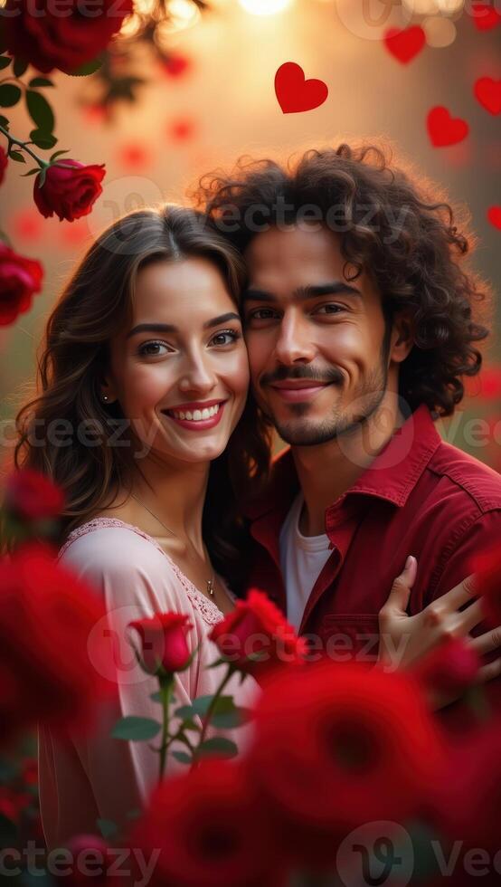 Romantic Couple embracing surrounded by red roses and hearts for Valentine's Day photo