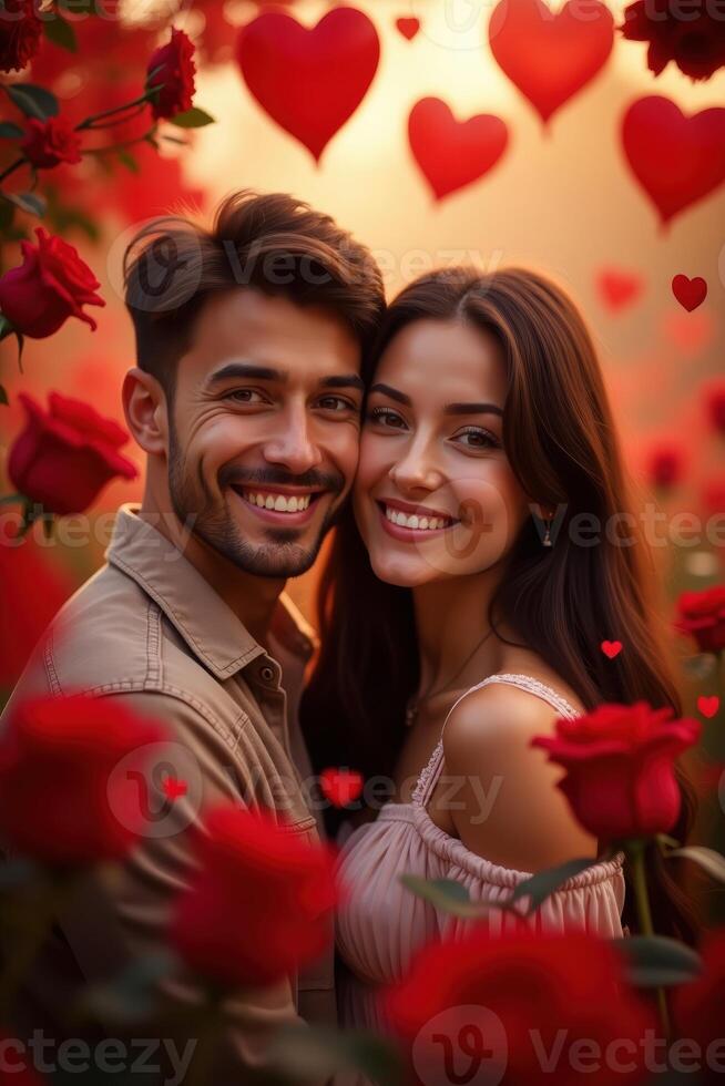 Romantic Couple in Rose Garden Celebrating Love with Red Heart and Roses photo