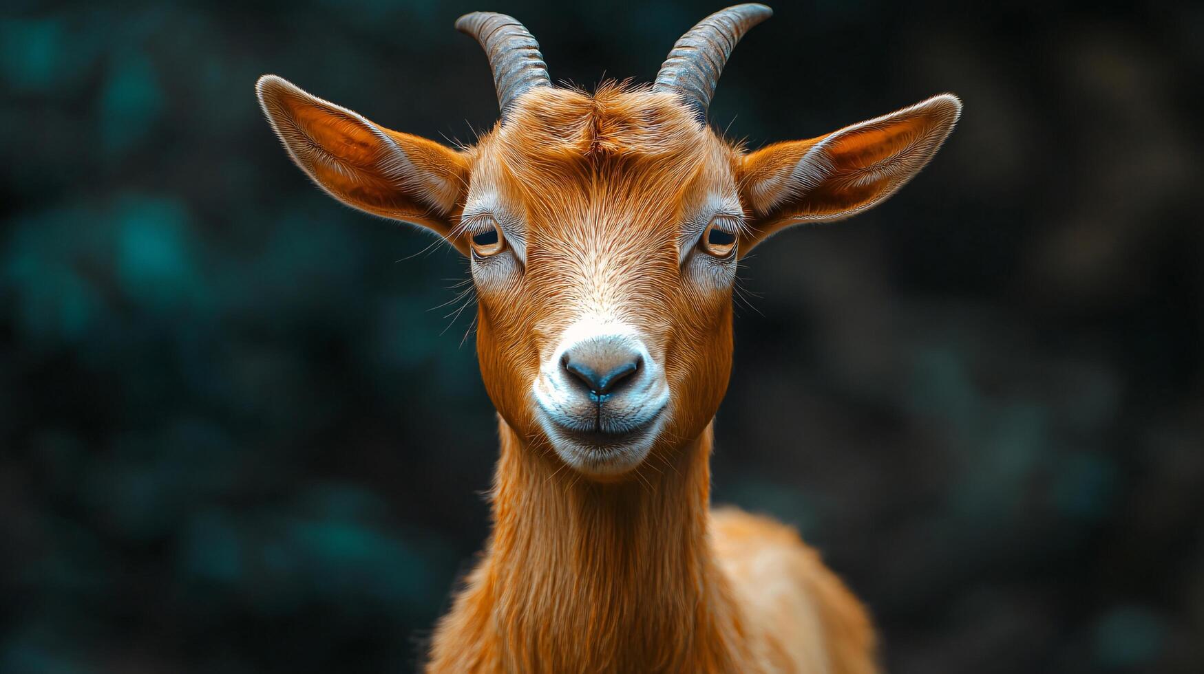 Gentle goat expressive face in a serene landscape scene. photo