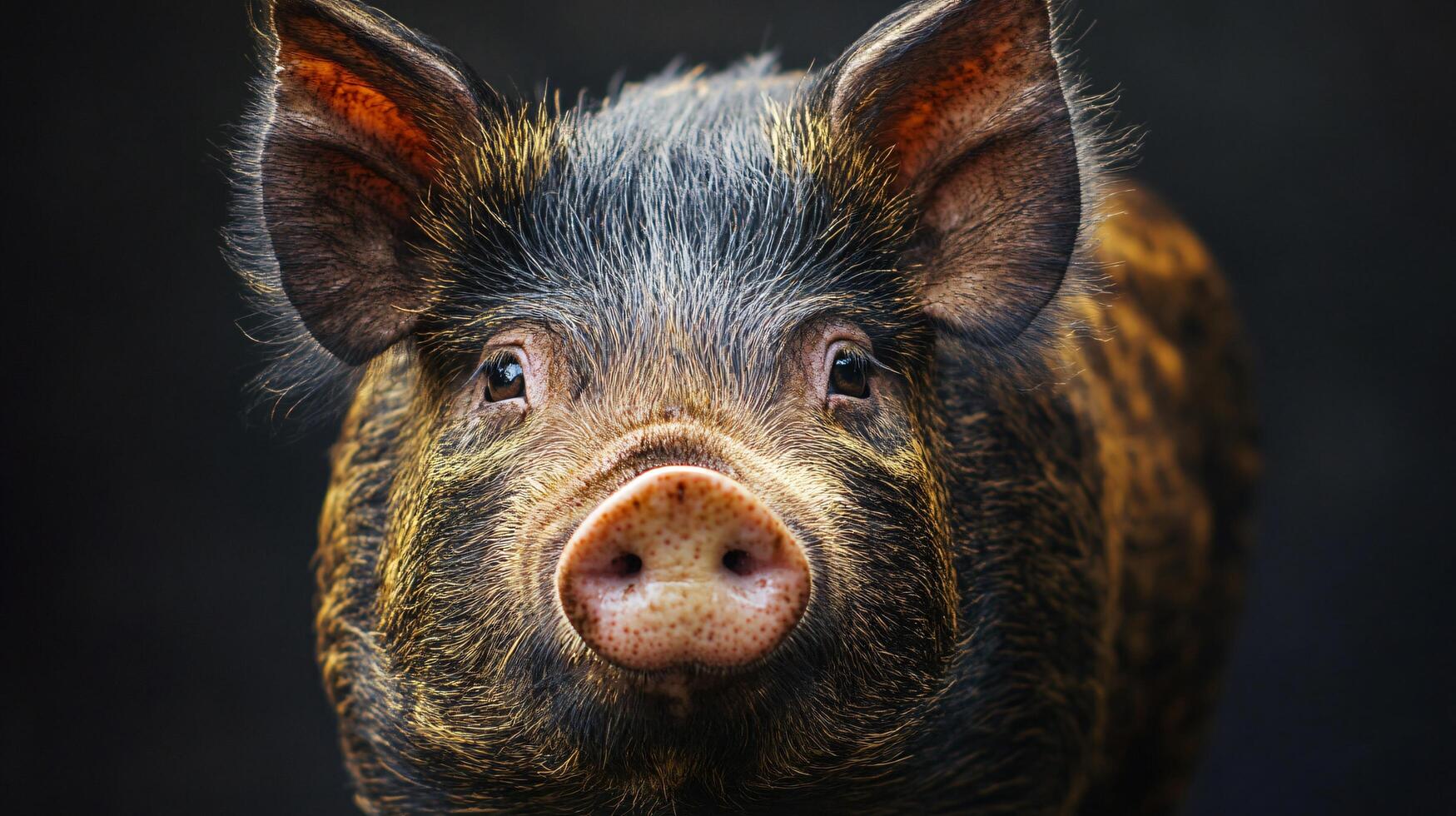 Adorable piglet with distinct markings and bright eyes. photo