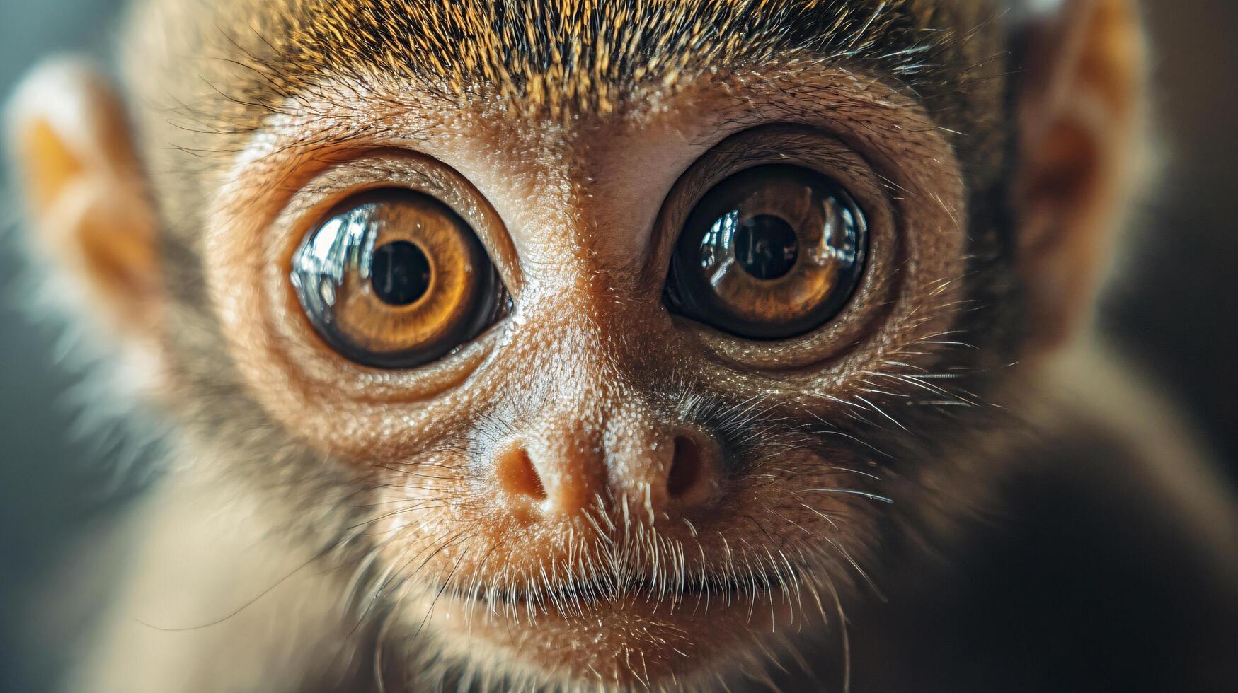 Wide-eyed young monkey with intense curious gaze photo