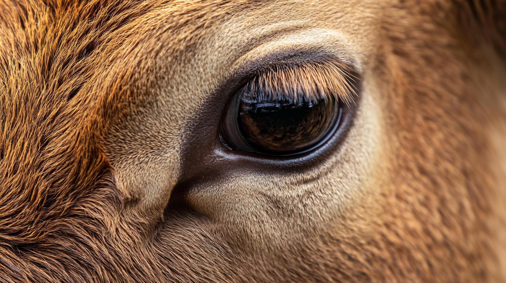 Close-up of a cow's eye with detailed fur texture. photo