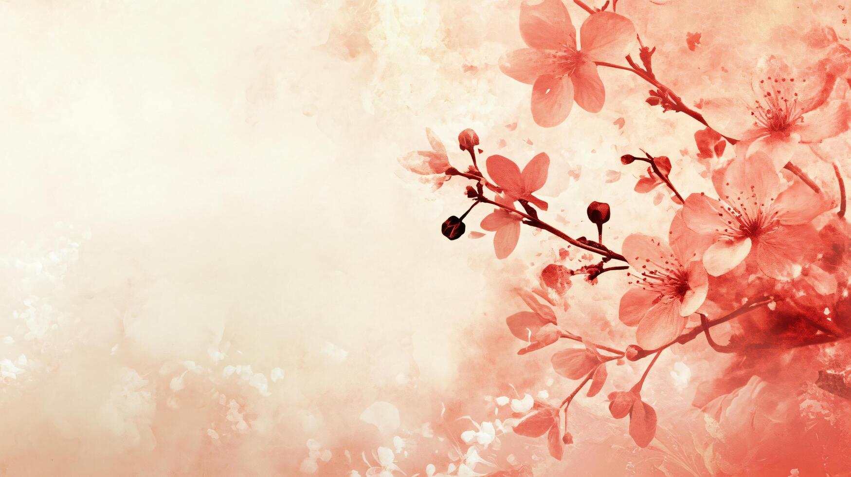Delicate blossoms in soft red hues on faded canvas photo