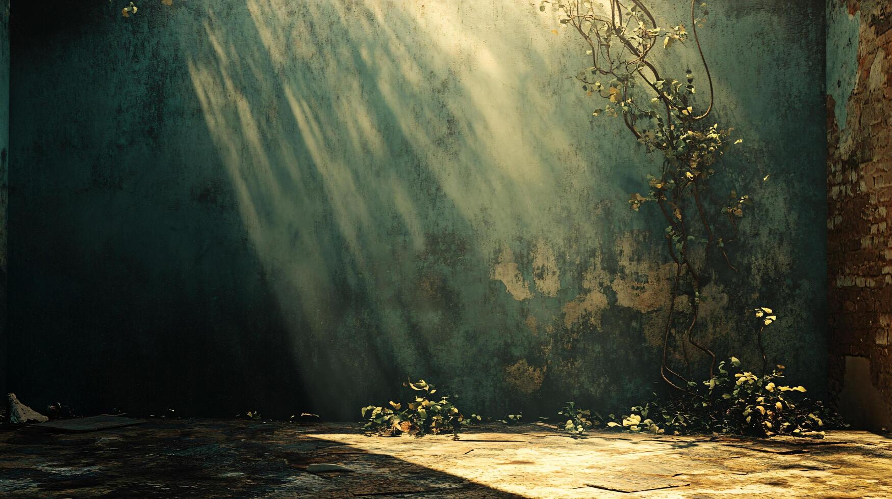 Sun-drenched wall with climbing vines casting shadows photo