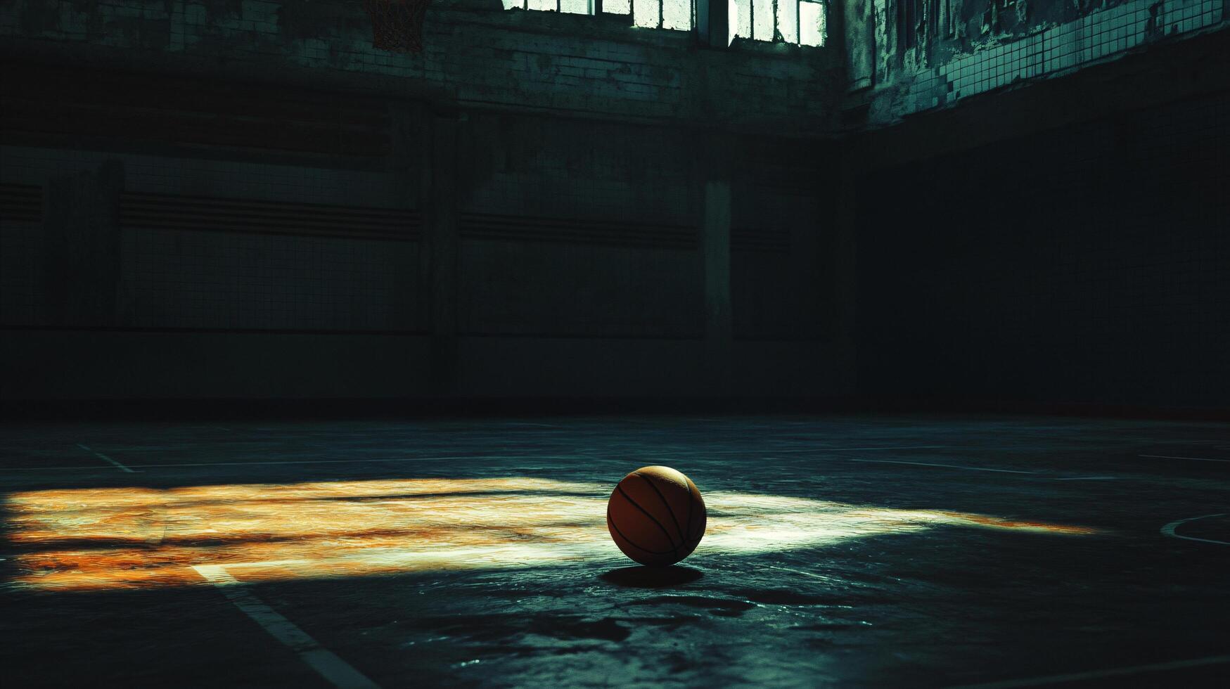 Dimly lit gym with basketball centered in a spotlight photo