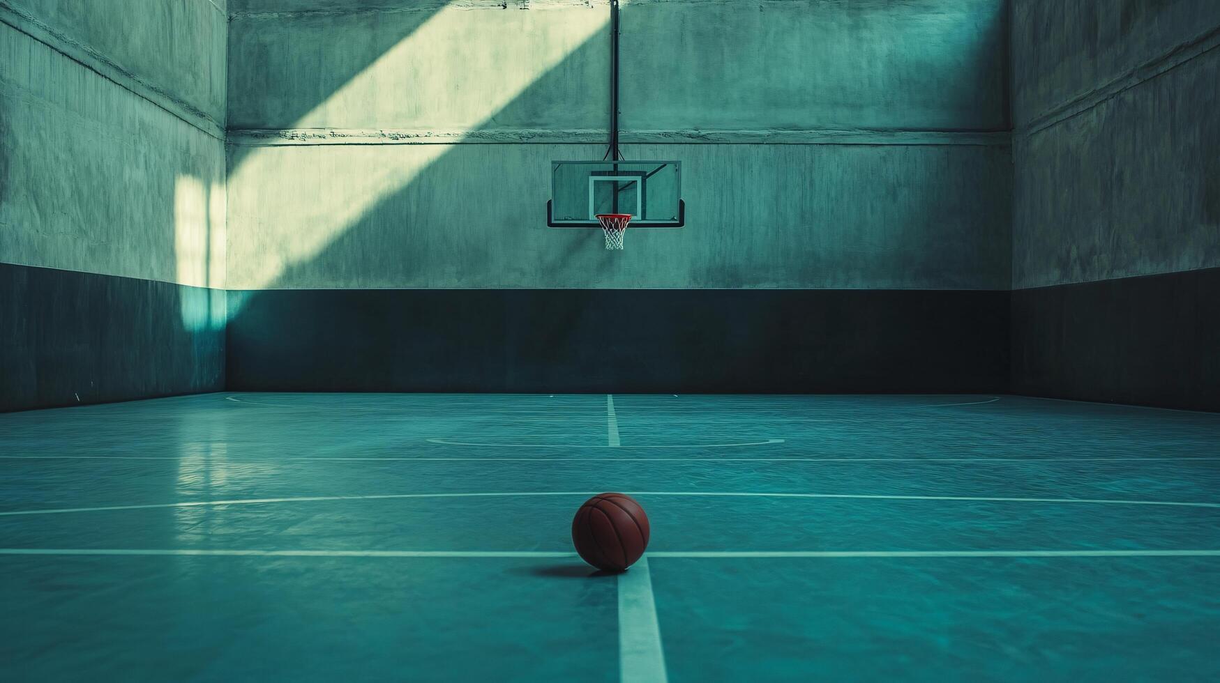Empty basketball court with a ball and natural light. photo
