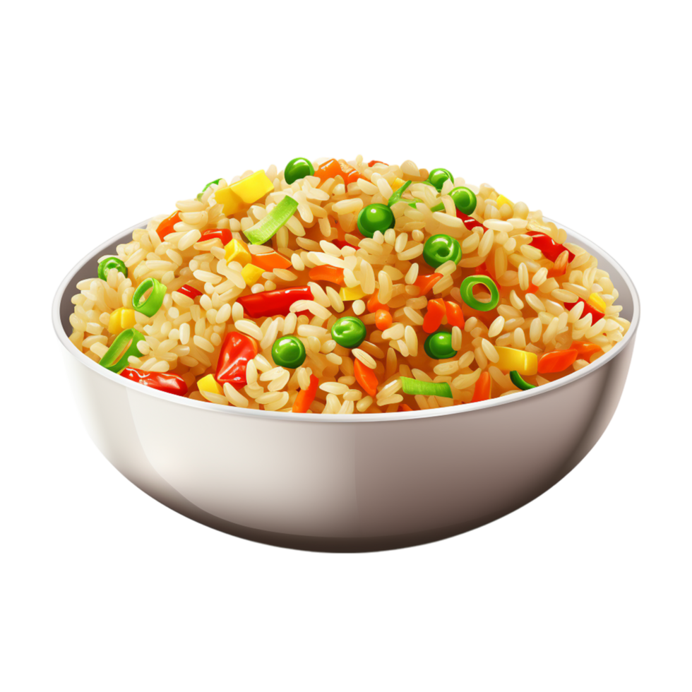 Bowl of Colorful Fried Rice with Vegetables Garnished with Green Onions png
