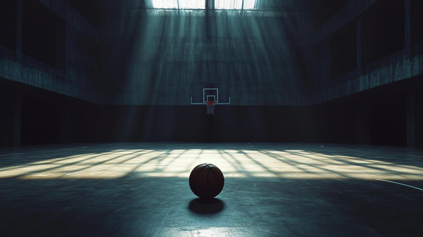 Moody illuminated basketball court with single ball photo