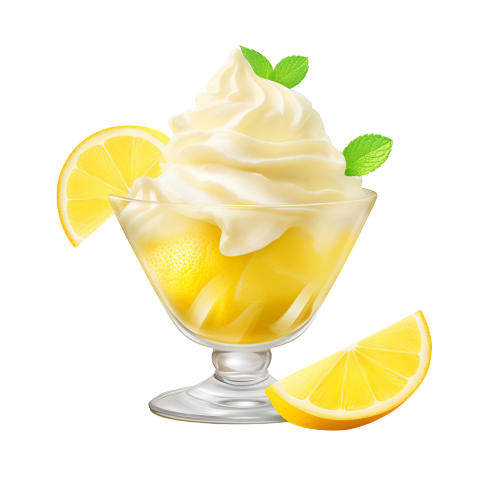 Refreshing Lemon Sorbet in a Glass with Lemon Slice and Mint Leaves png