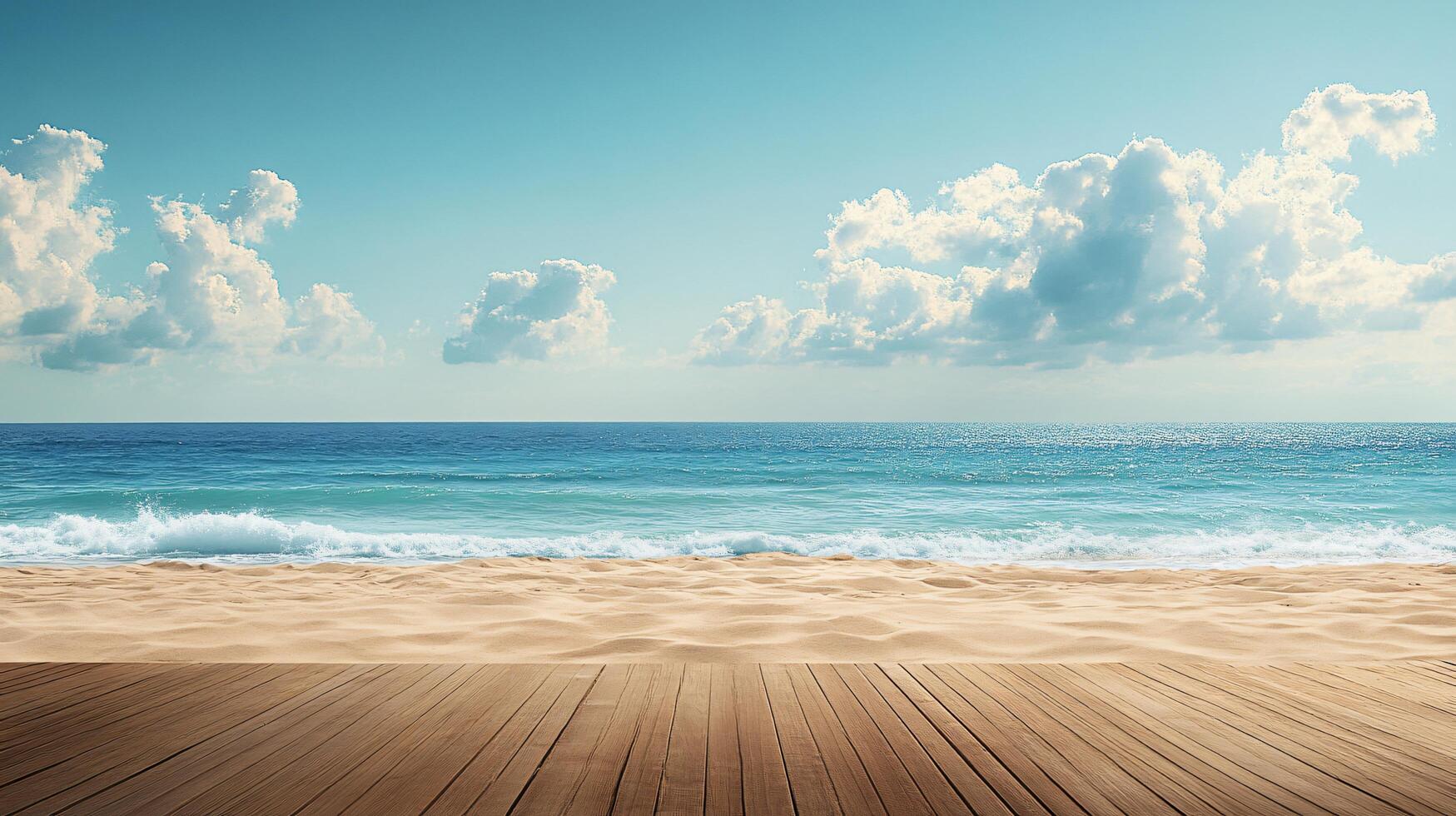 Golden sandy beach meeting the vast blue ocean horizon photo