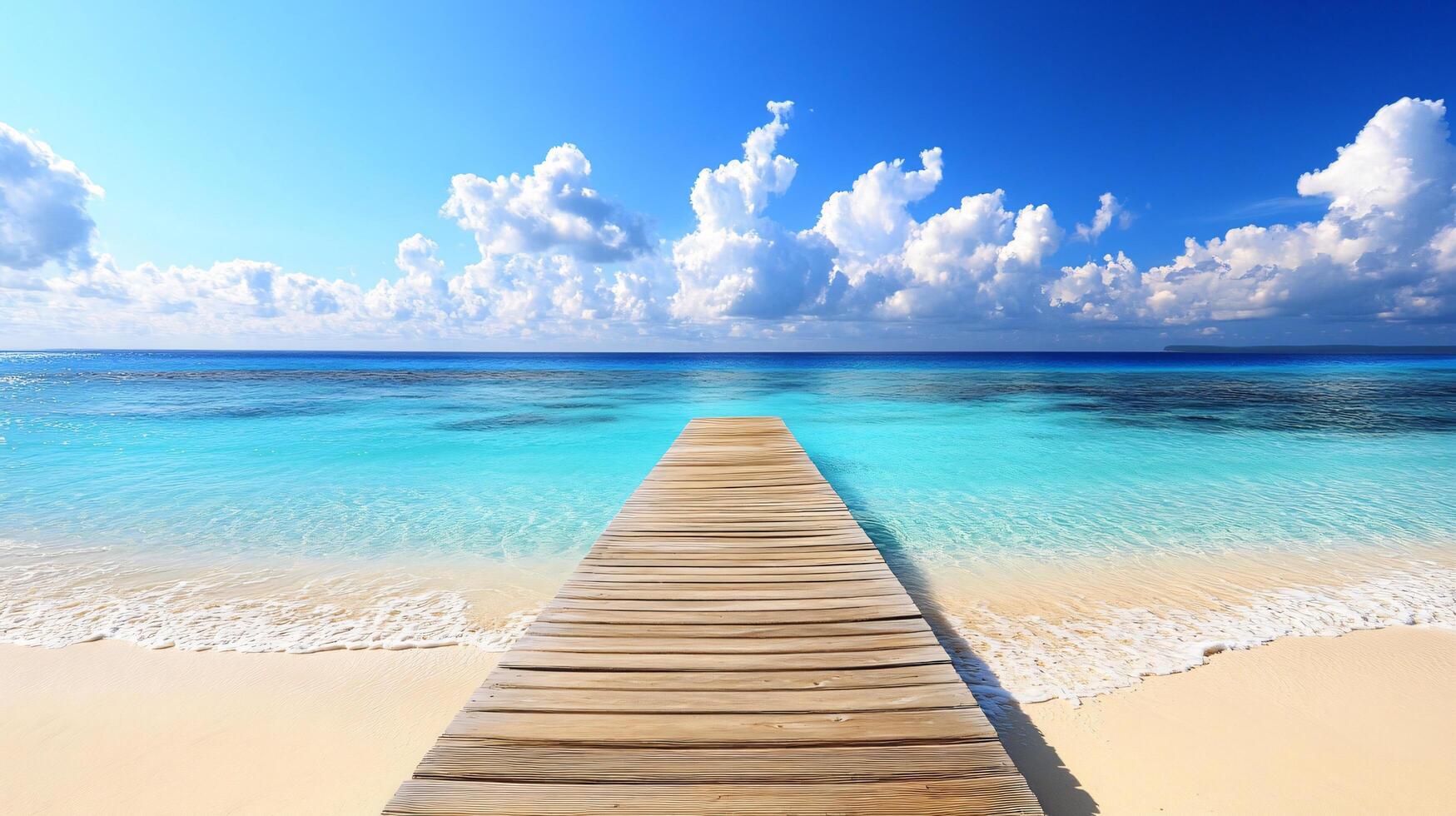Wooden pier extends to calm ocean under blue sky. photo
