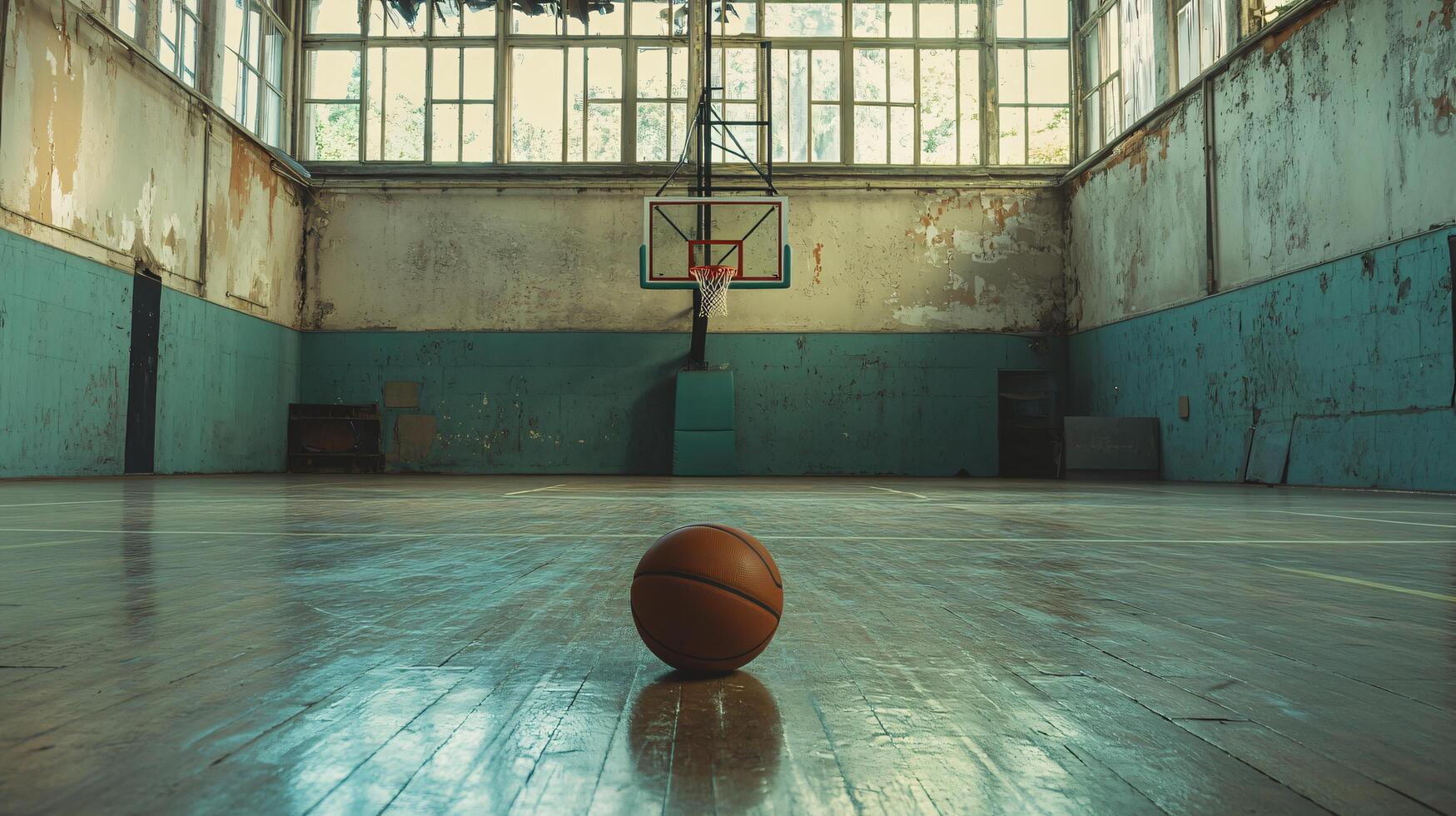 Well-lit basketball court, aged walls, central focus. photo