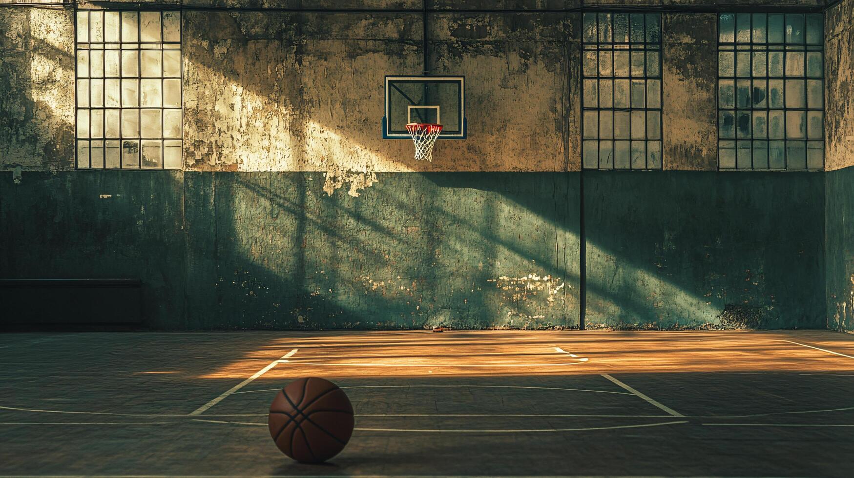 Sunbeam-streaked gym with a lone basketball in sight photo
