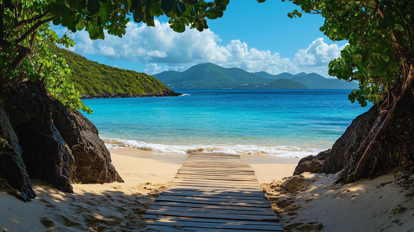 Scenic path to tropical beach with turquoise ocean view photo