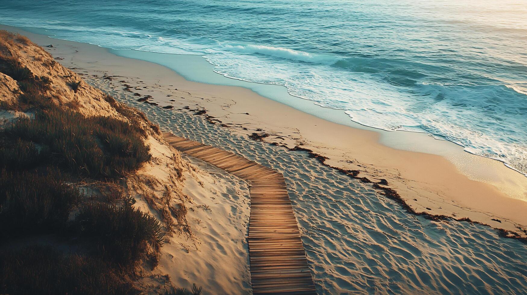 Rustic path descending a cliff to meet crashing waves photo