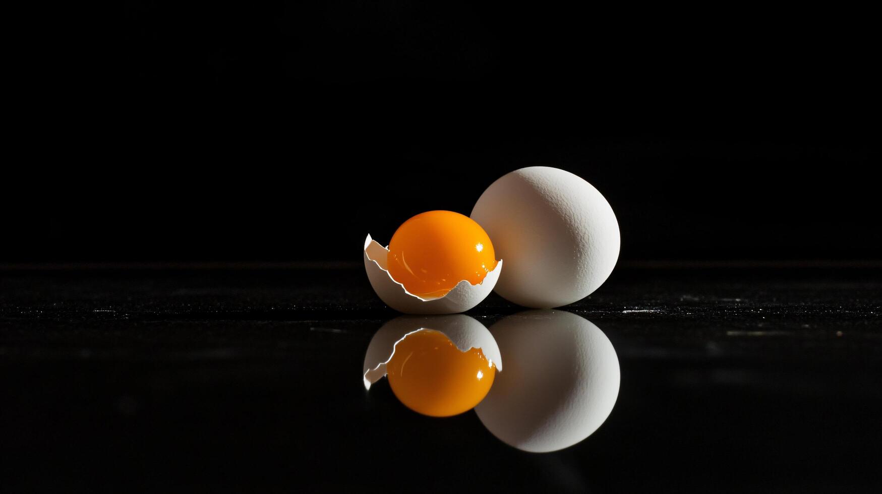 Whole and cracked egg with yolk against a dark backdrop. photo