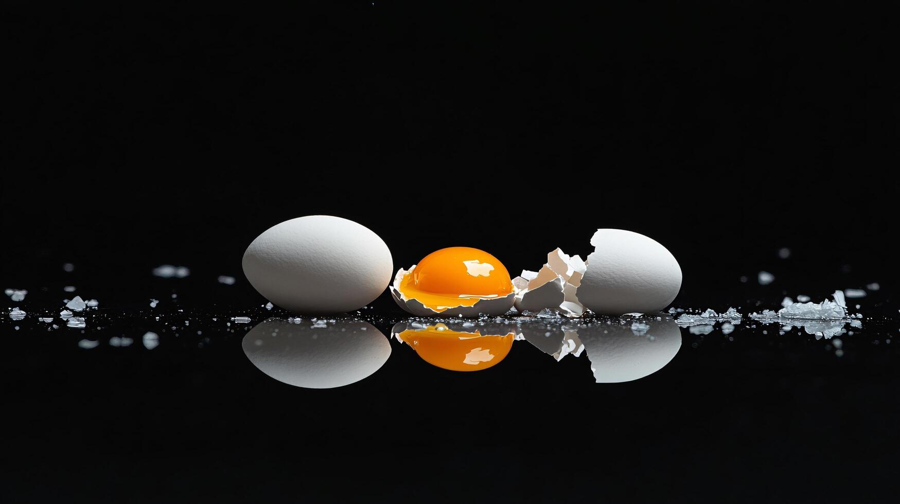 Egg cracked open with yolk on glossy black surface photo