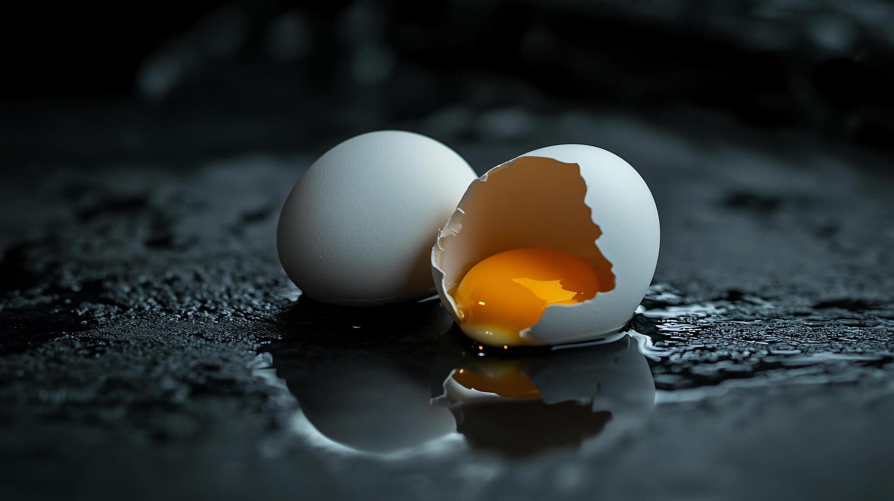Broken egg with yolk on dark reflective surface. photo