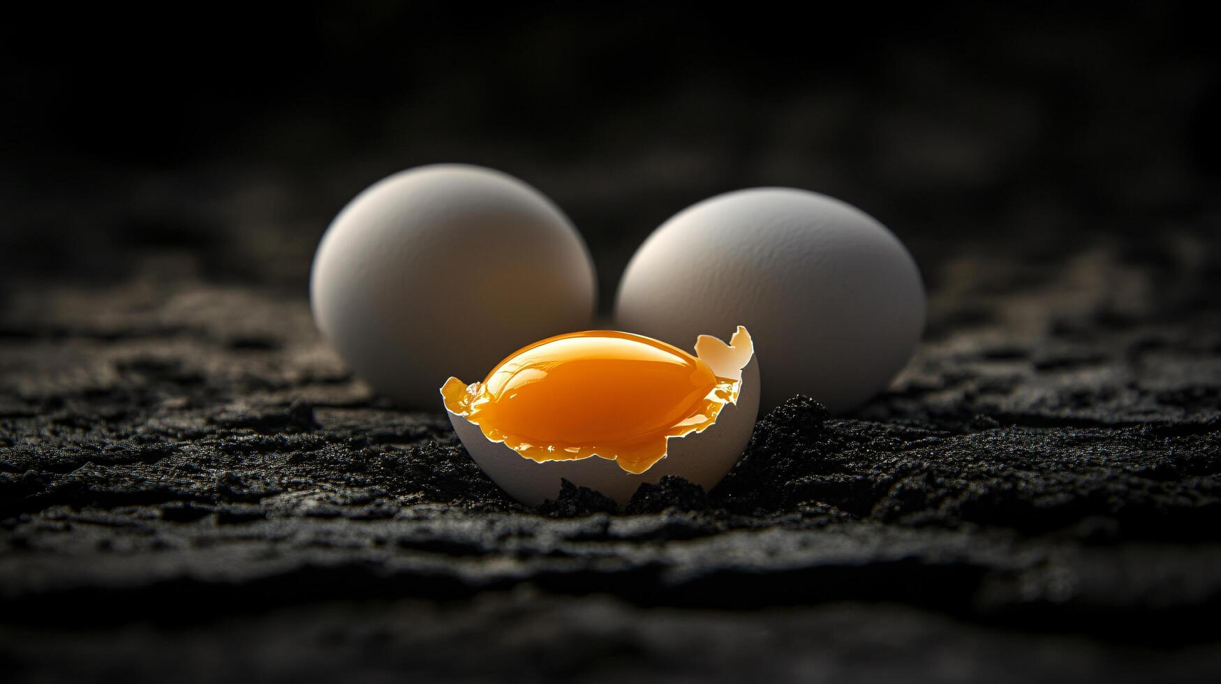 Three eggs, one cracked on dark textured surface. photo