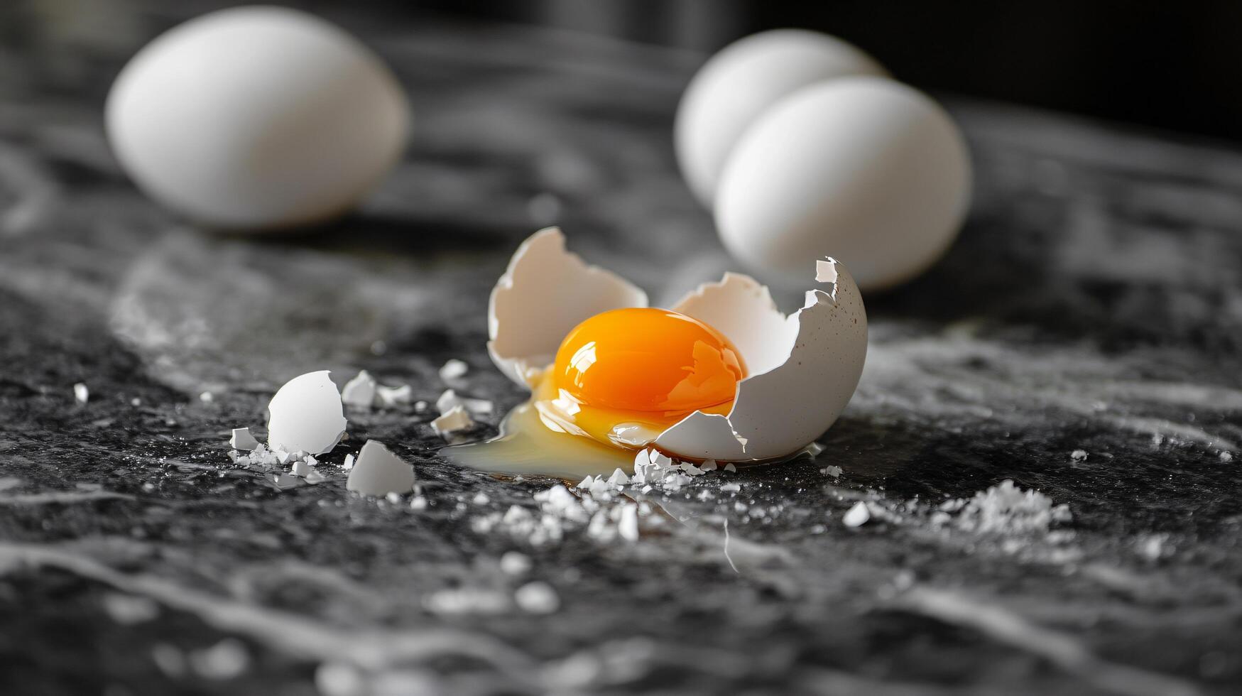 Single cracked egg on marble surface with yolk. photo