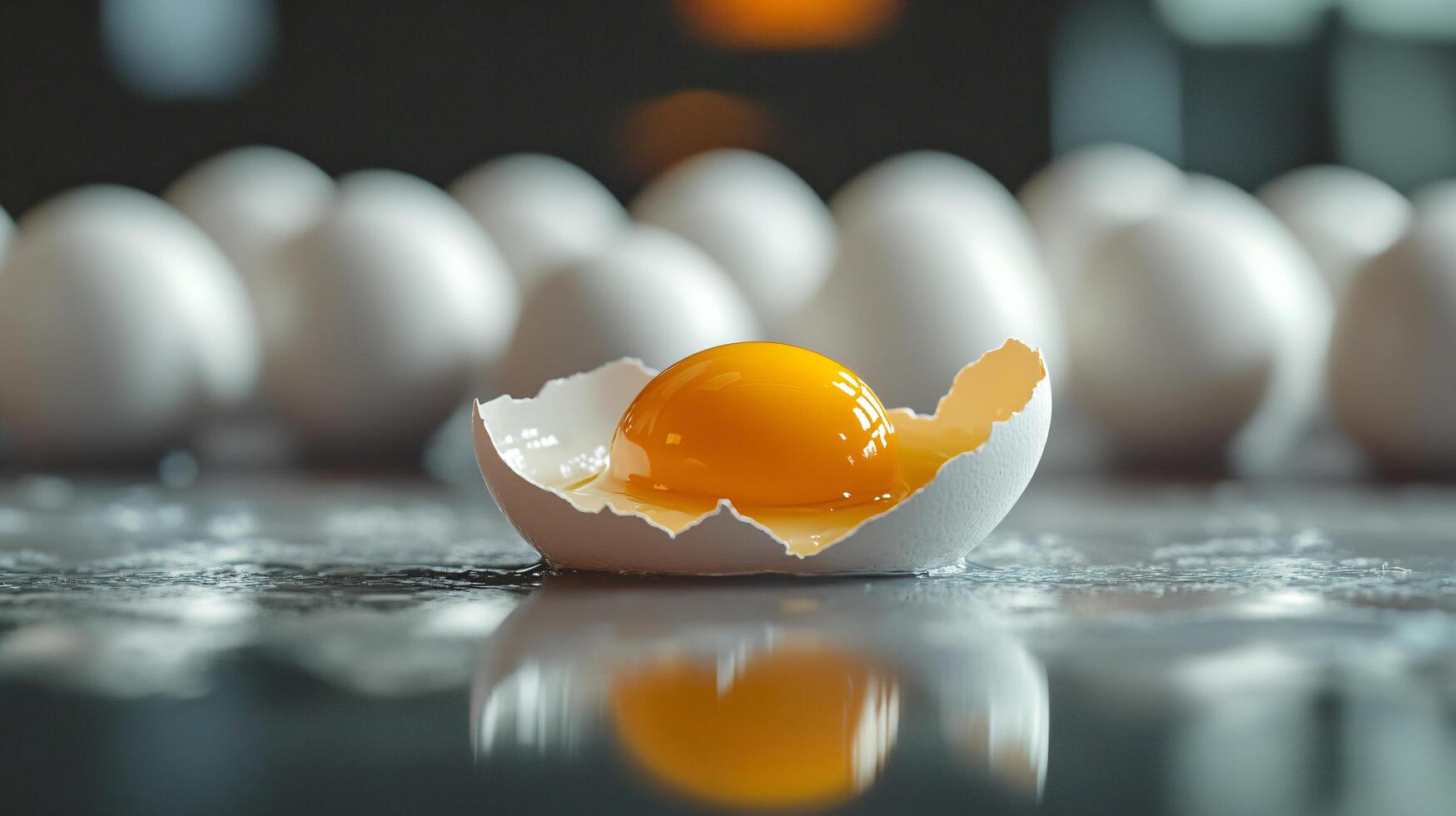Egg nestled in cracked shell among blurred eggs photo