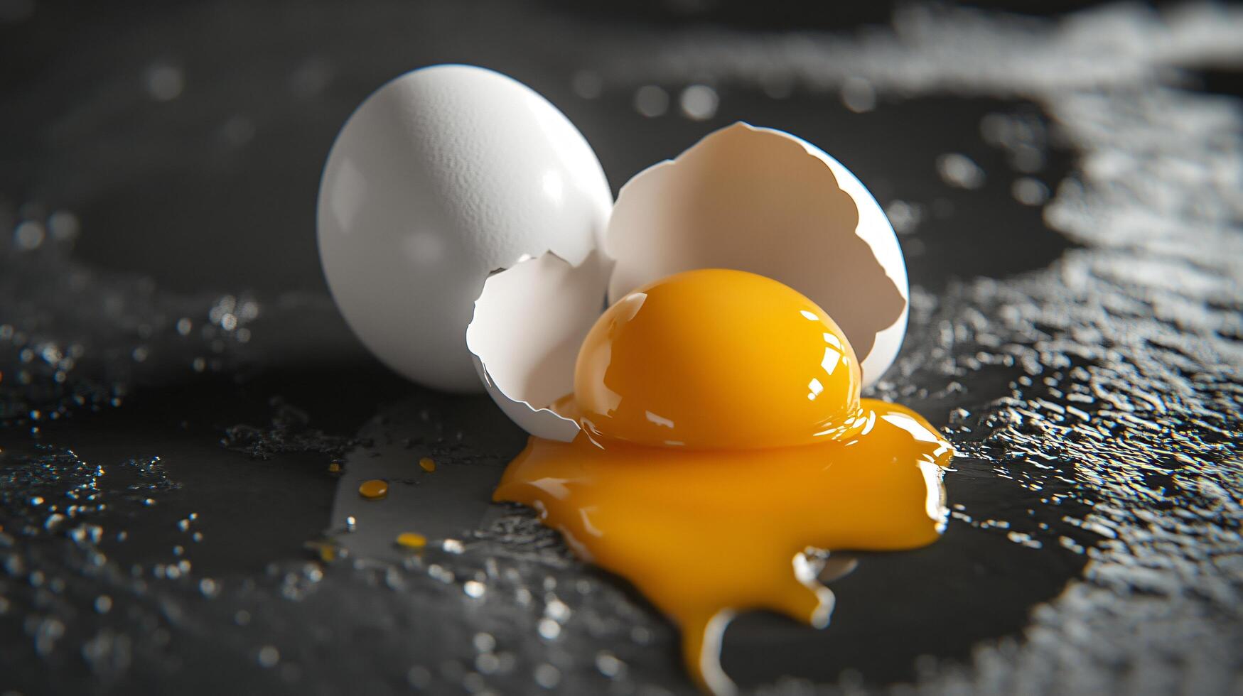 Egg with broken shell and yolk on moist surface. photo