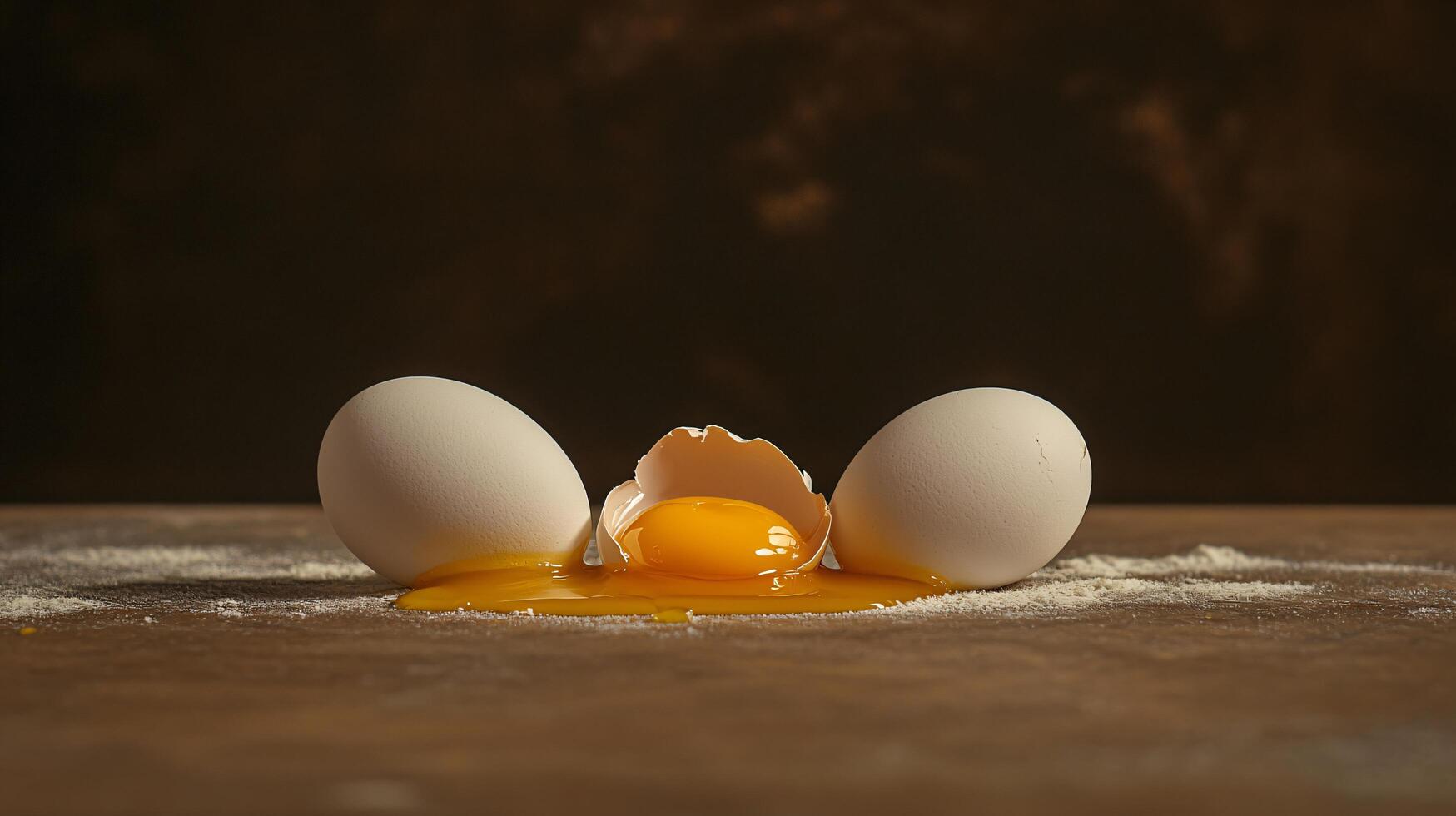 Broken egg with yolk and shell on floured surface. photo