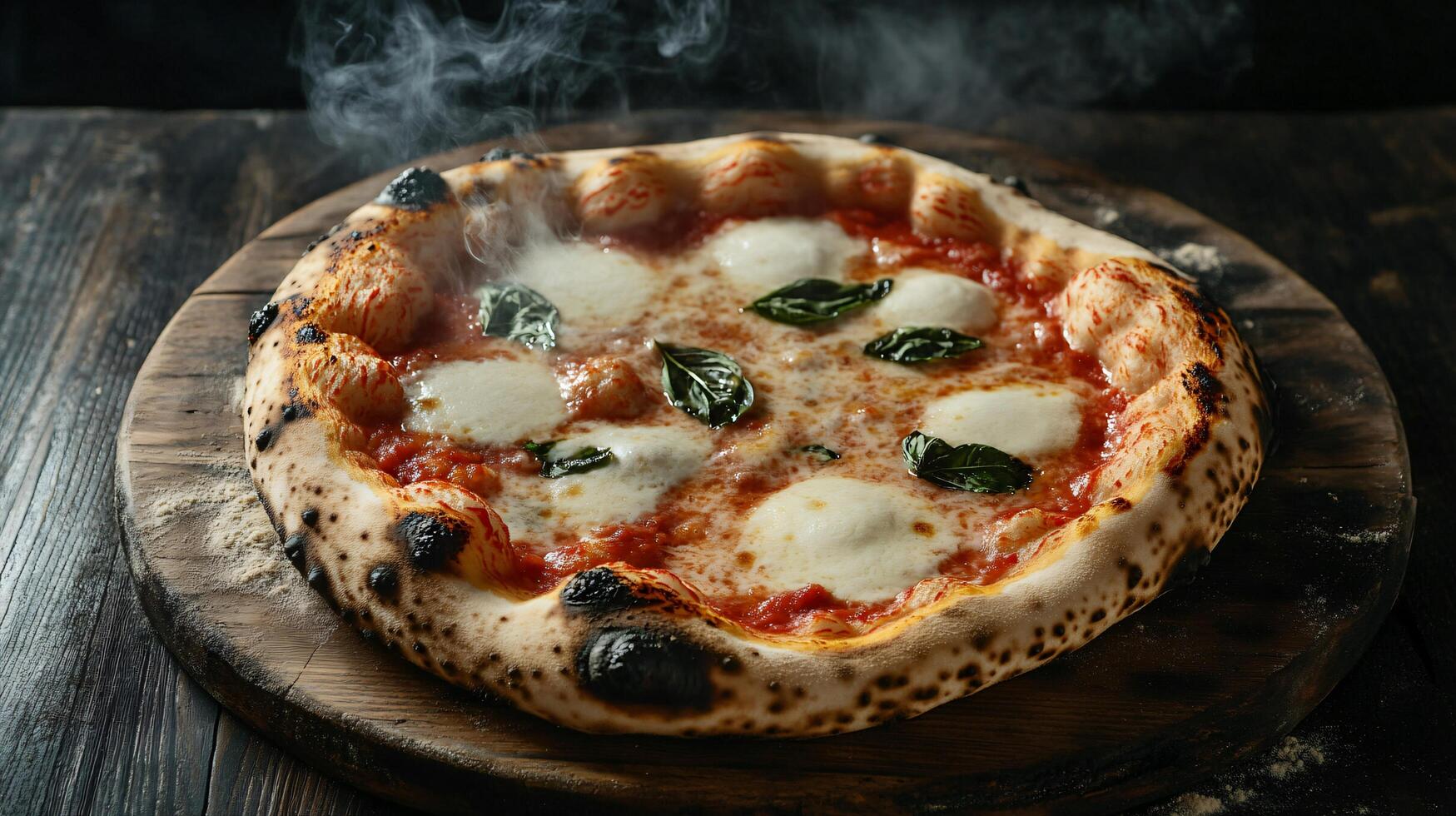 Artisanal pizza with charred crust and fresh basil. photo