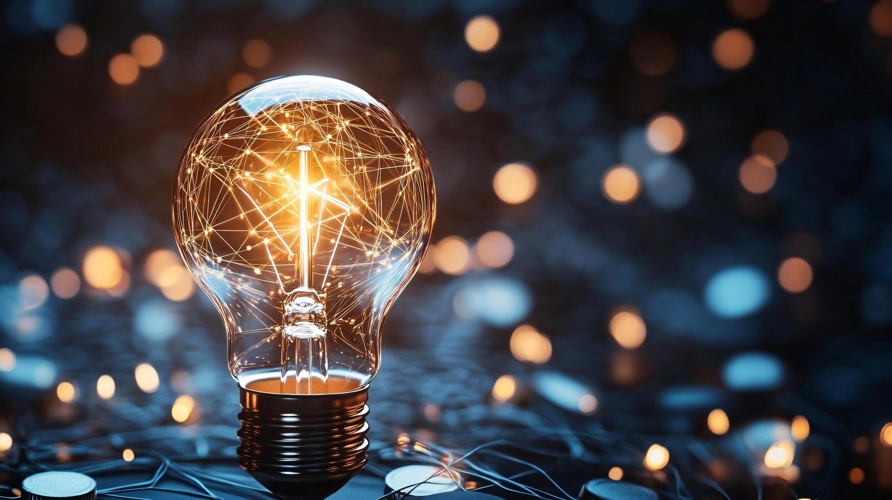 Intricate filament network within glowing light bulb photo