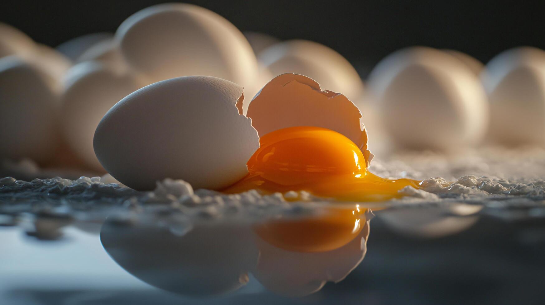 Egg with yolk on reflective dark background. photo