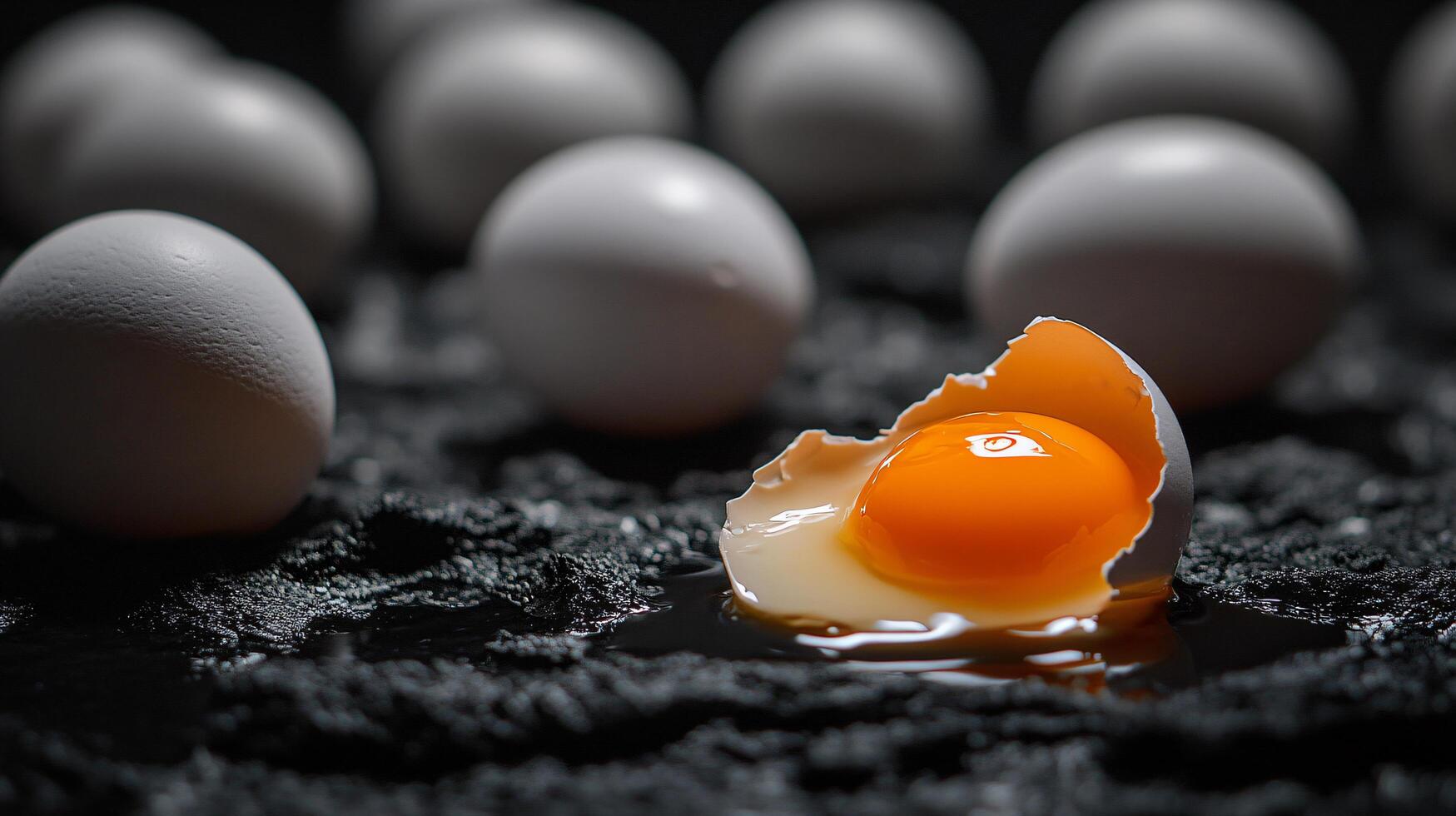 Group of eggs with one cracked and yolk exposed photo