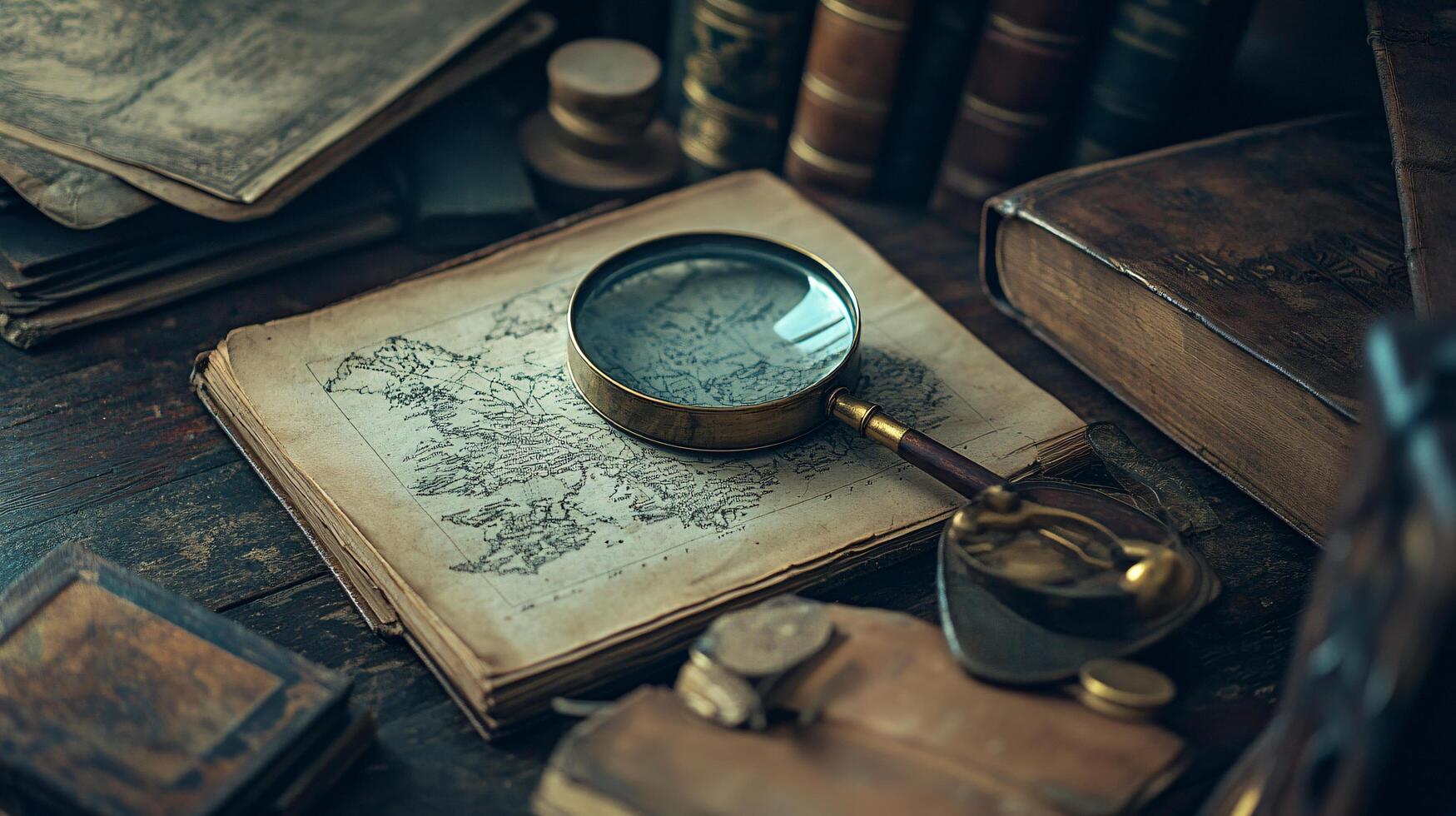 Antique map with magnifying glass on wooden table. photo