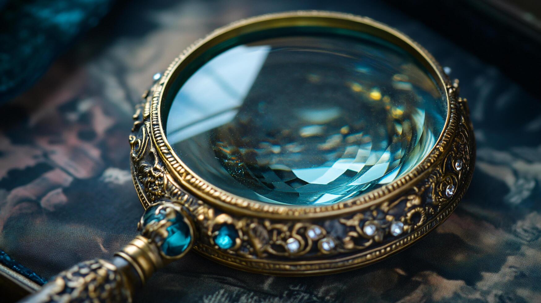 Intricately designed magnifying glass with blue tones photo