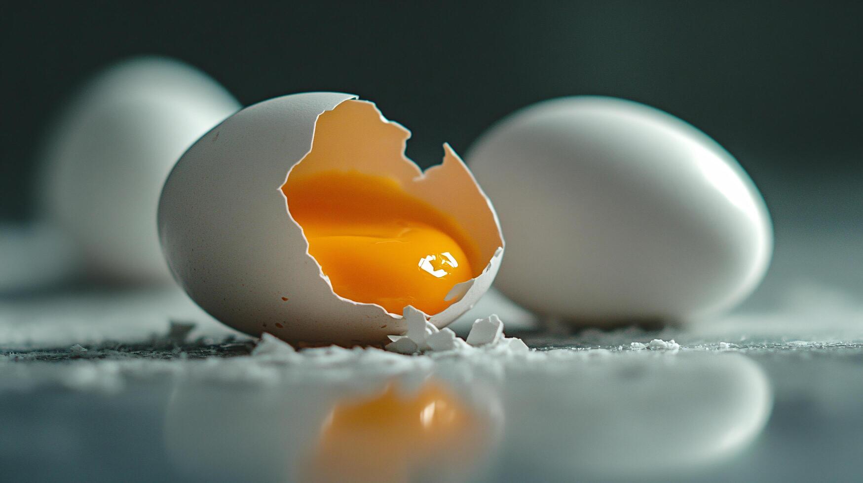 Close-up of cracked egg with vibrant yolk inside. photo