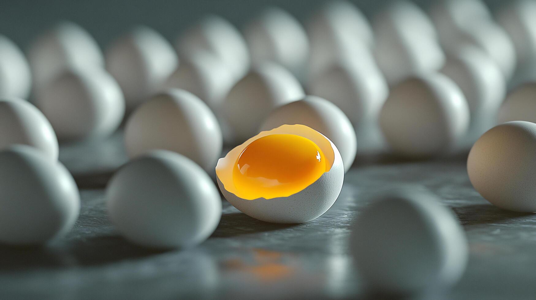 Single cracked egg among many whole eggs. photo