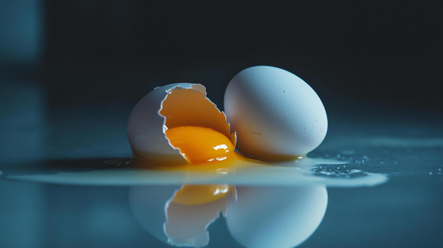 Broken egg spilling yolk in soft blue light photo