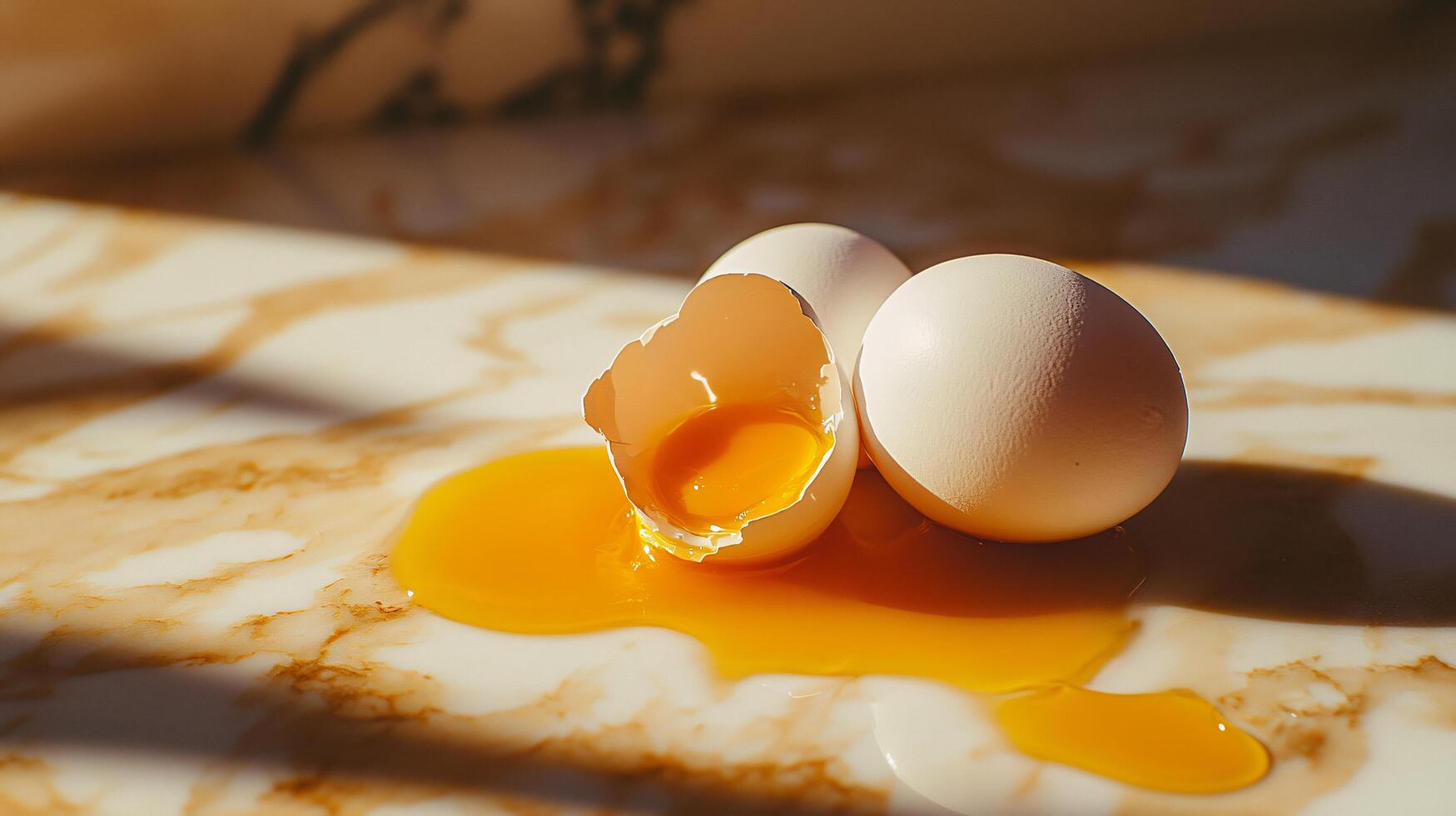 Eggs with sunlight shadow on marble countertop area photo