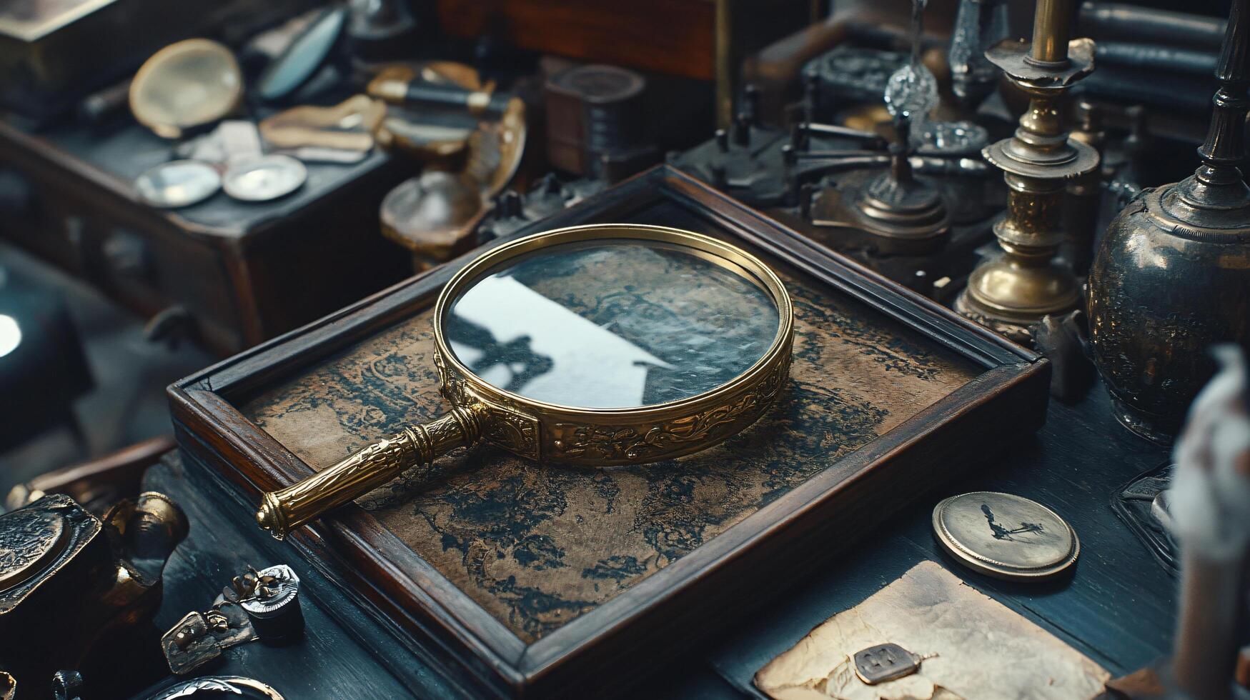 Vintage magnifying glass atop ornate antique frame photo