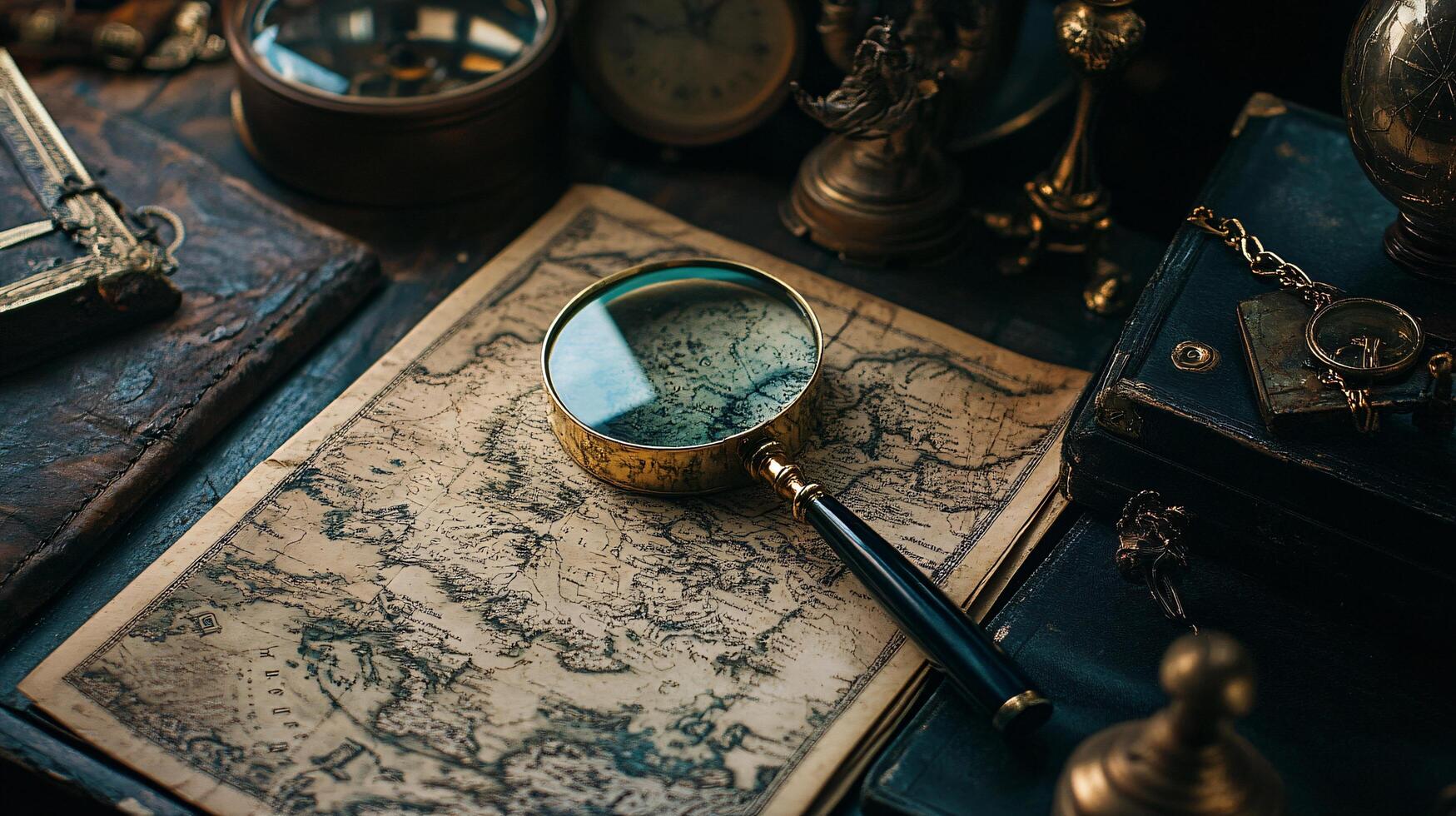 Detailed magnifying glass on ancient map treasure quest photo